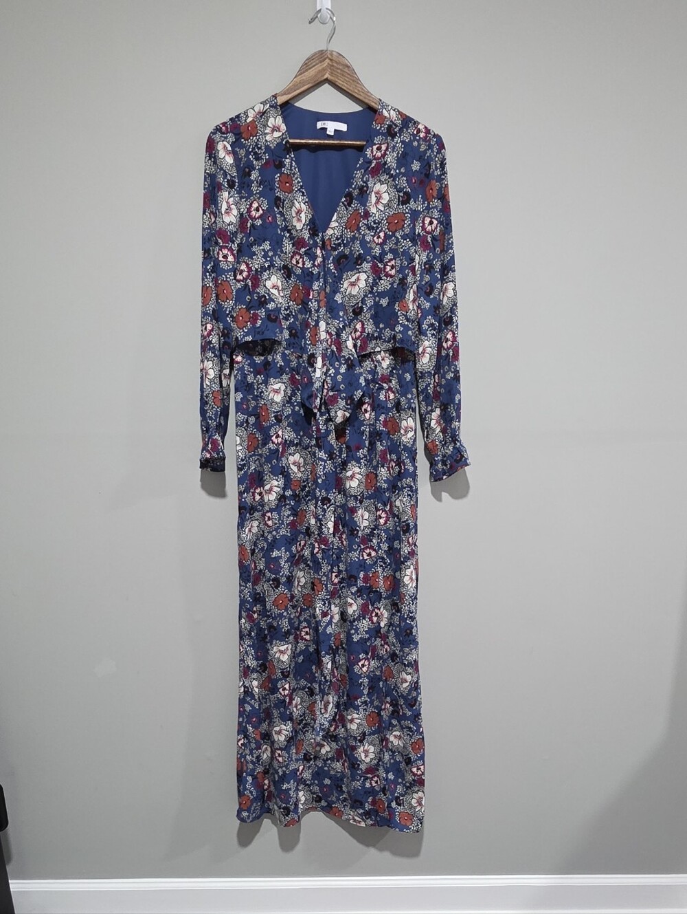 DR2 Navy Blue Floral Shift Dress V-neck Long Sleeve Casual Size L